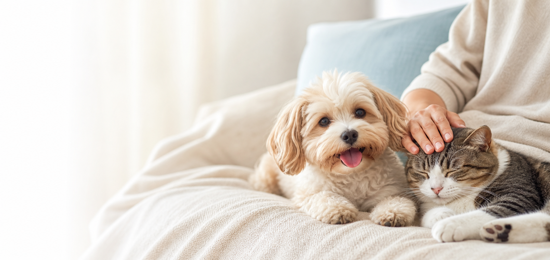飼い主に優しく見守られる犬と猫